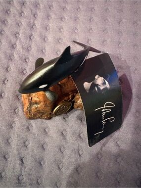 John Perry Black Orca Whale Sculpture on Wood Base